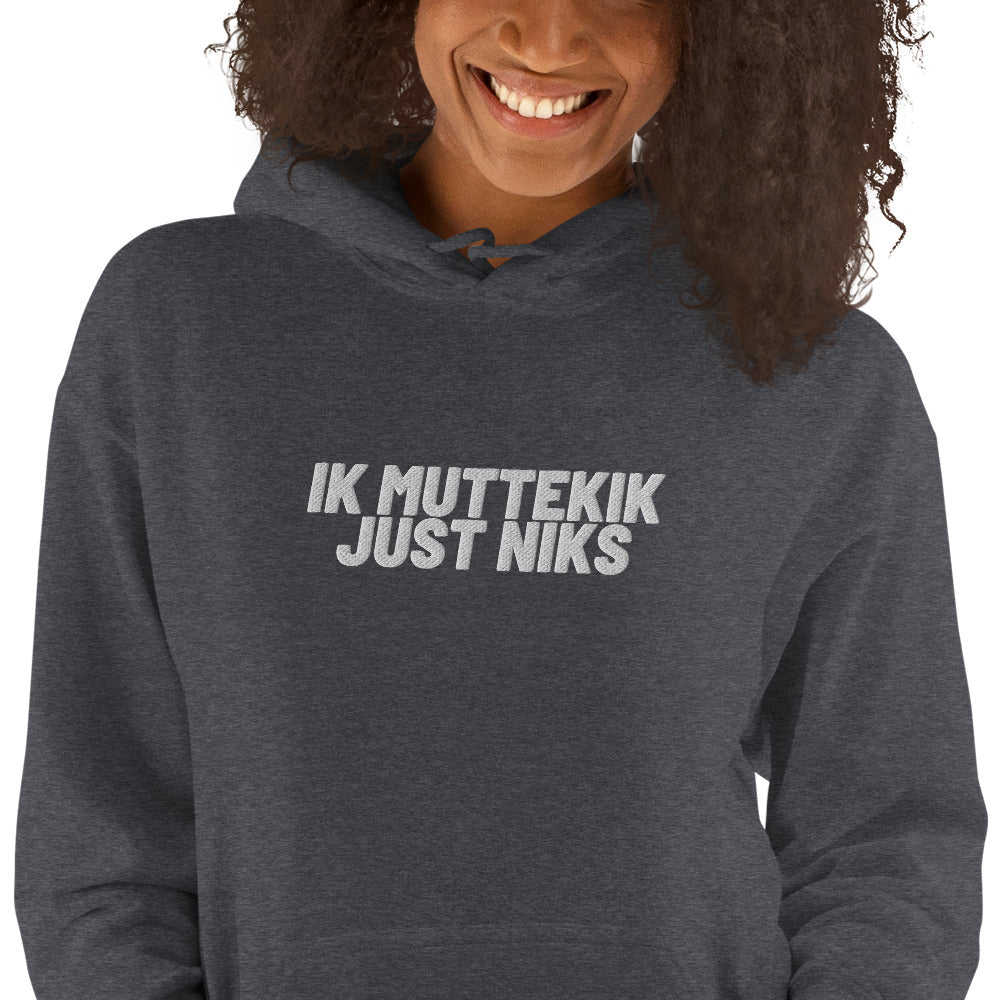 Essentials hoodie - ik muttekik just niks - wit geborduurd