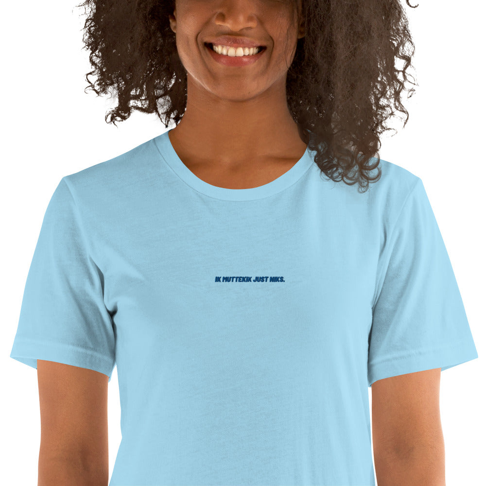 Uniseks T-shirt - ik muttekik just niks - blauw geborduurd